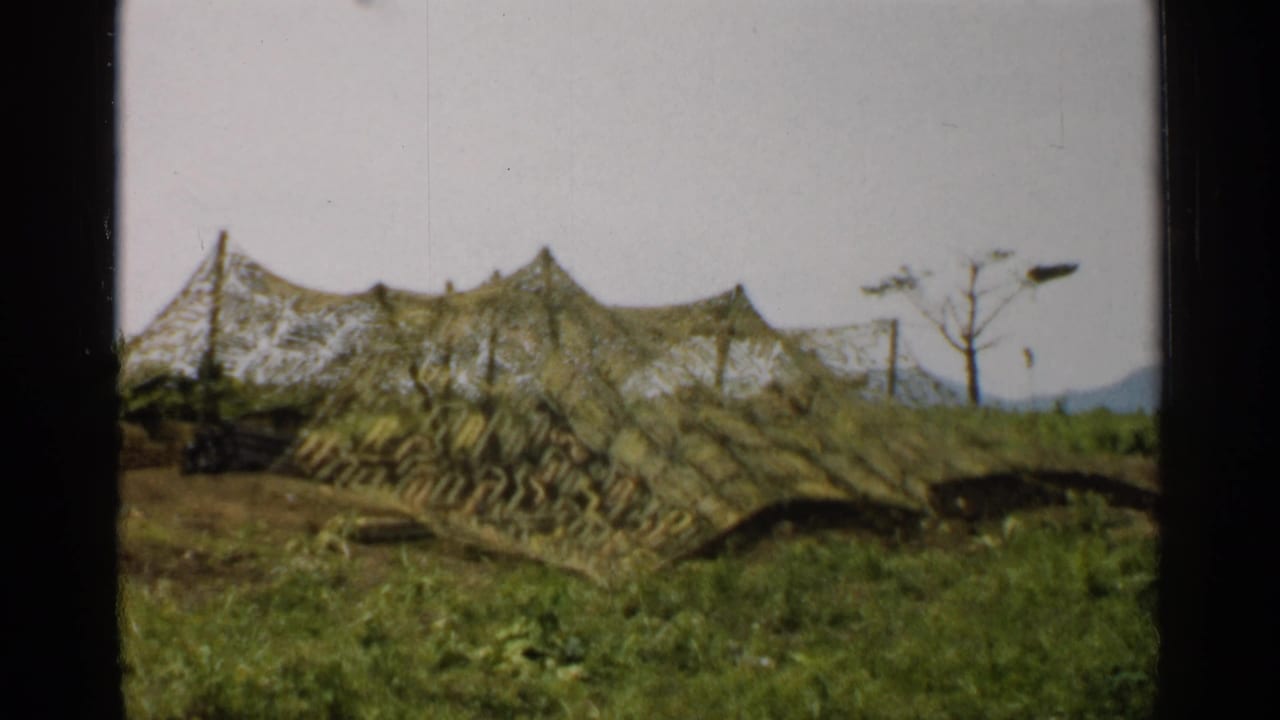 Camouflage net tent on a grassy hillside with a bare tree and distant hills.