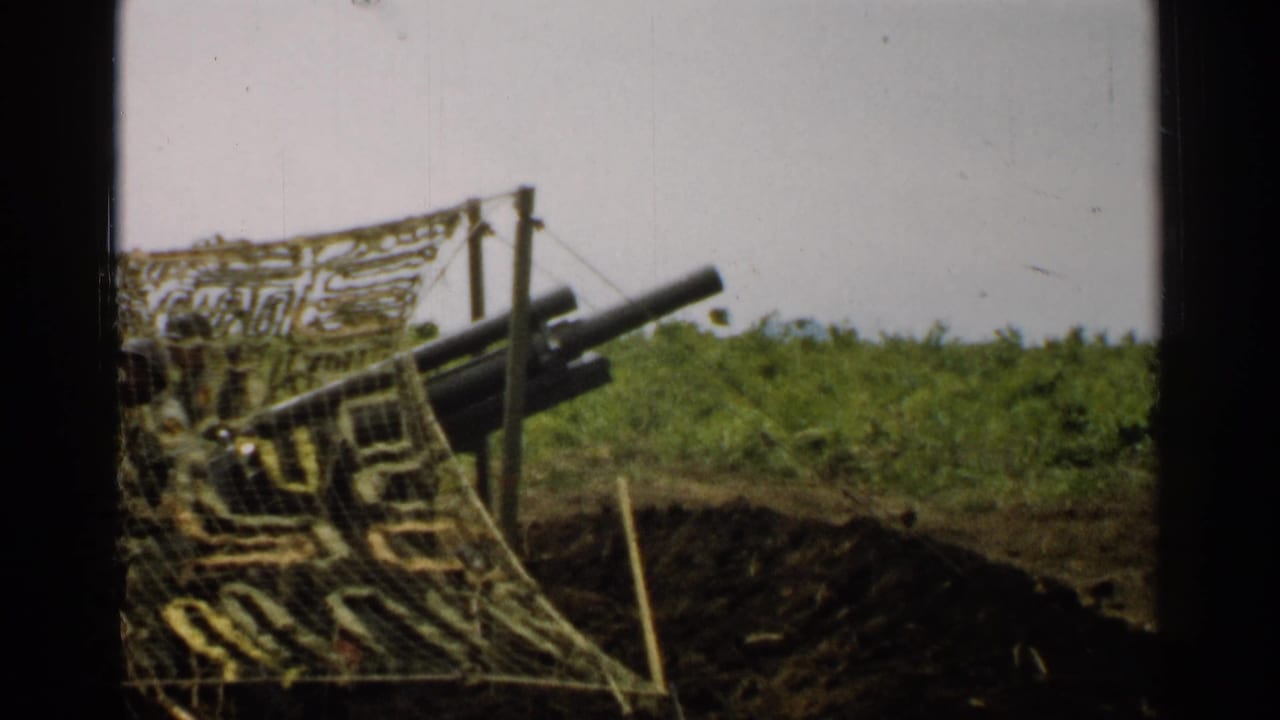 Camouflaged artillery position with twin gun barrels behind netting and earthworks.