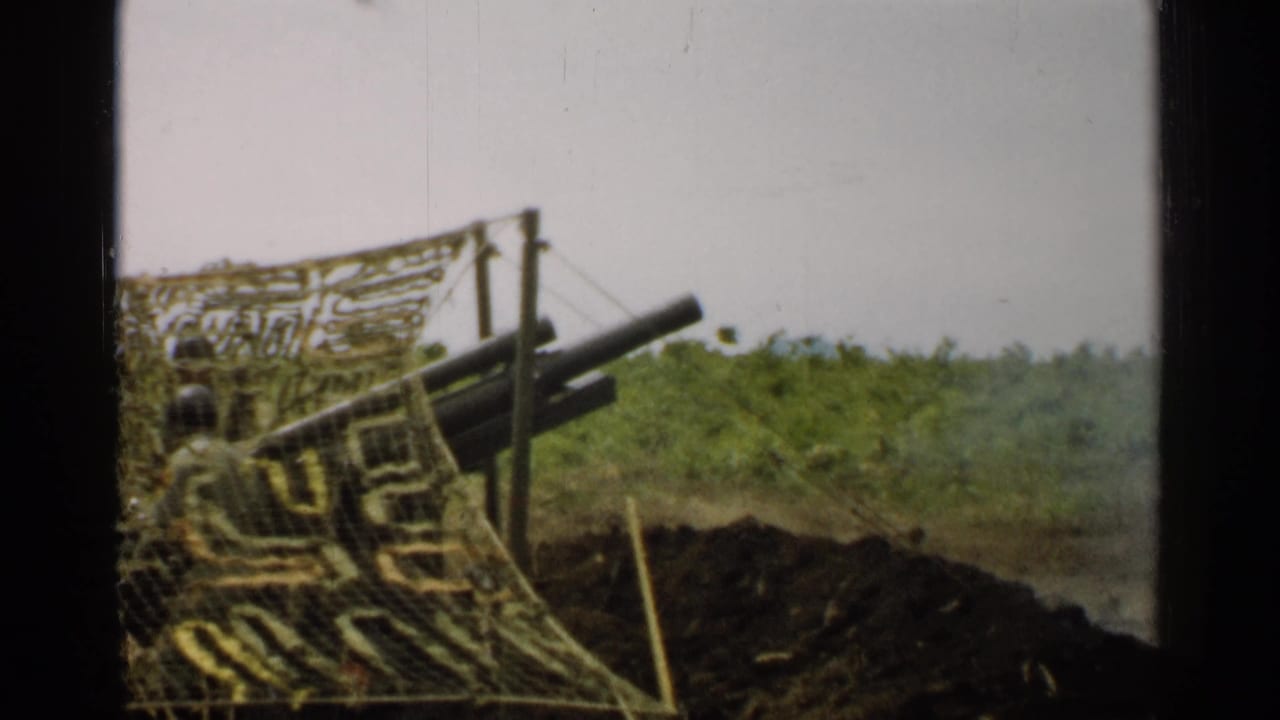 1952 Japan 8mm frame showing upward-angled artillery barrels partly concealed by netting and earthworks in a green field setting.