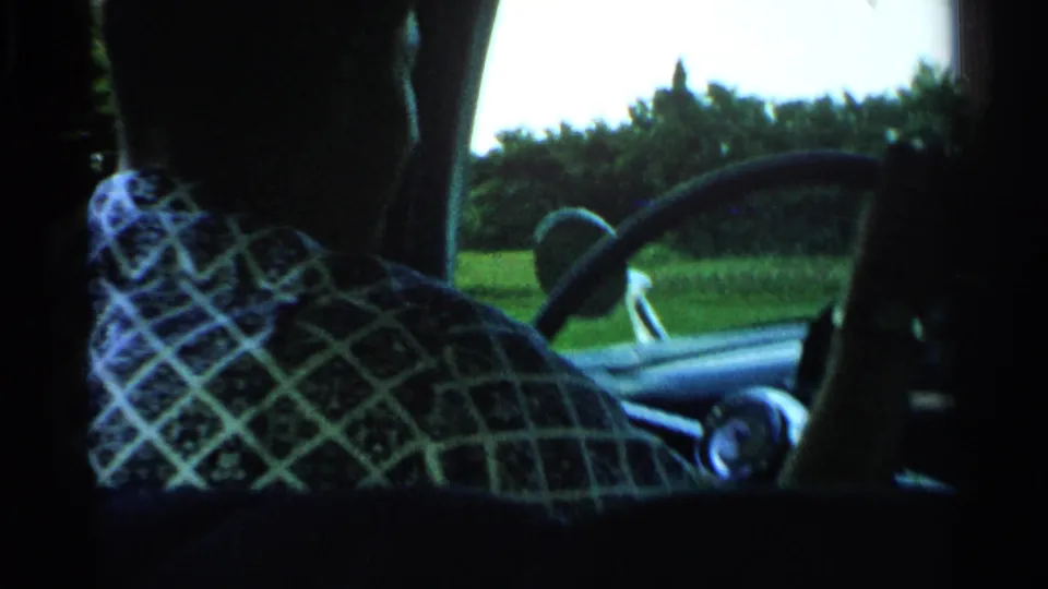1952 Japan home-movie view from inside a moving car, with a driver in a patterned shirt passing open green fields.