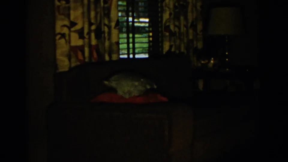 Dim 1950s home interior showing a couch with pillows, patterned curtains, shuttered window, side table, and lamp.
