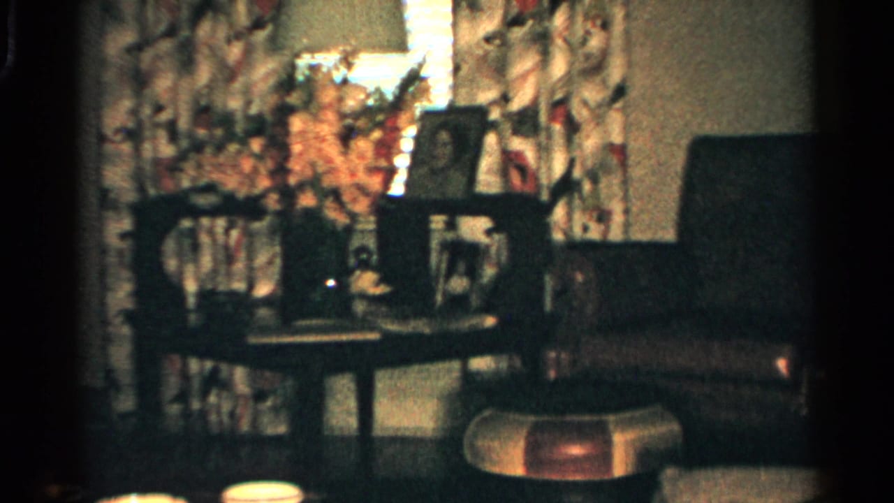 Living room with patterned curtains, lamp, flowers, framed photos, chairs, and a low table.