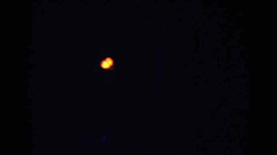 Soft, dark 8mm frame from the 1952 New Hampshire home movie showing a small blurred warm light before the tree is revealed.