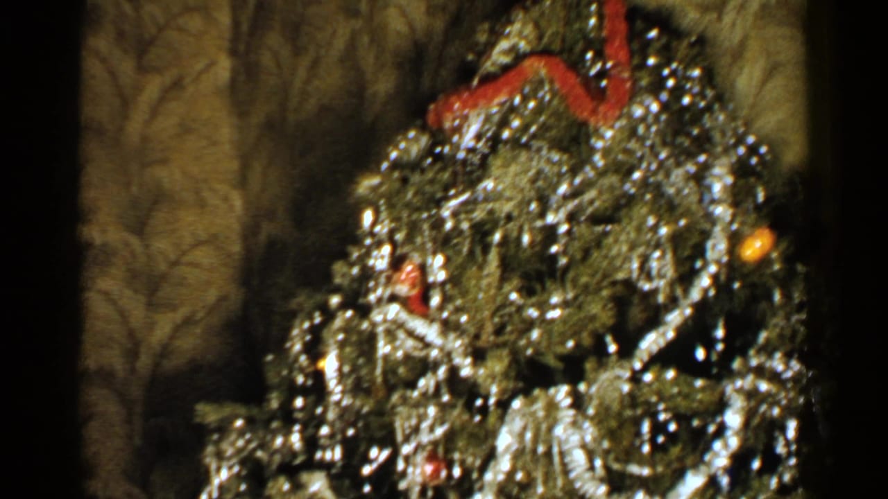 Close view of a decorated Christmas tree with silver tinsel and red ribbon.