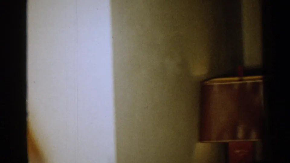 A warm 1950s interior detail shows pale walls, a dark vertical edge, and a brown lampshade near the right side of the frame.