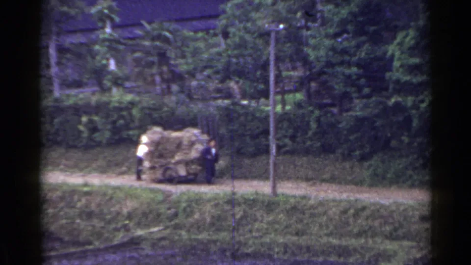 The 1953 home-movie frame shows two distant men moving a heavy hay cart through a green Japanese countryside scene.