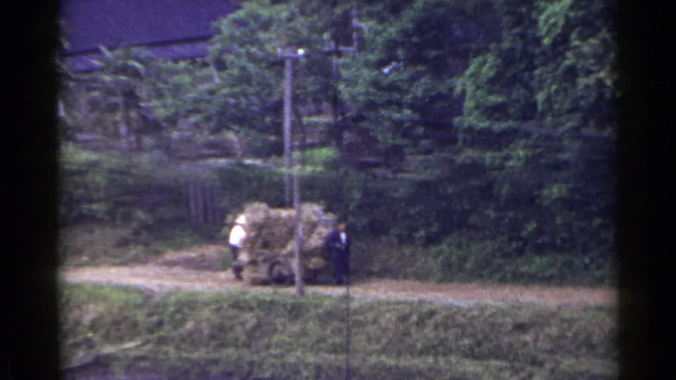 In 1953 Japan home-movie footage, two men push a cart piled with hay or straw along a dirt path near trees and a utility pole.