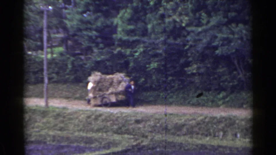 Two men in light and dark clothing move a tall hay or straw cart through rural Japan, seen from a distant home-movie viewpoint.