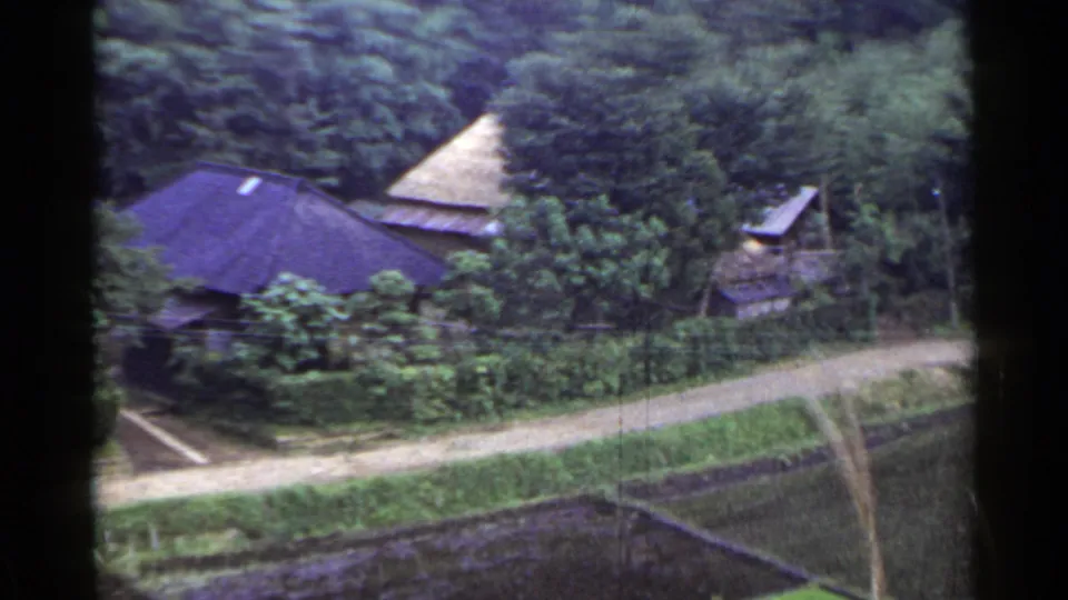 1953 Japan countryside frame showing a dark-roofed house, thatched roof, dense greenery, dirt path, and rice paddy edge.