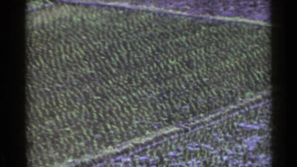 1953 Japan 8mm aerial shot of forested terrain with a diagonal pale track and visible color fading.