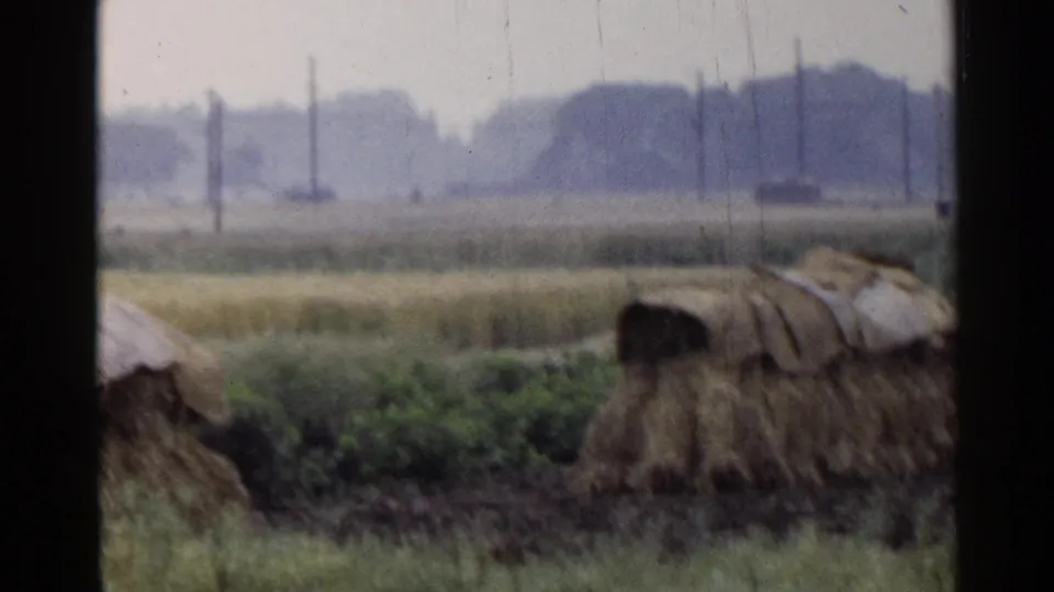 1953 Japan rural roadside frame showing covered hay or straw stacks, a dirt road, fields, and a line of utility poles.