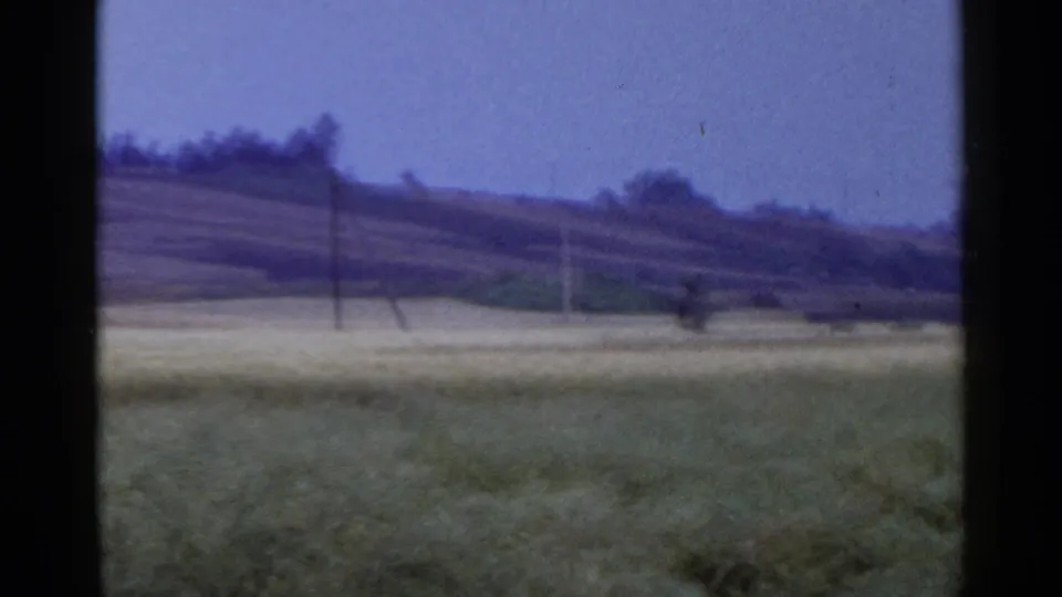 1953 Japan countryside frame showing grass, pale field bands, low hills, distant trees, and slender utility poles.