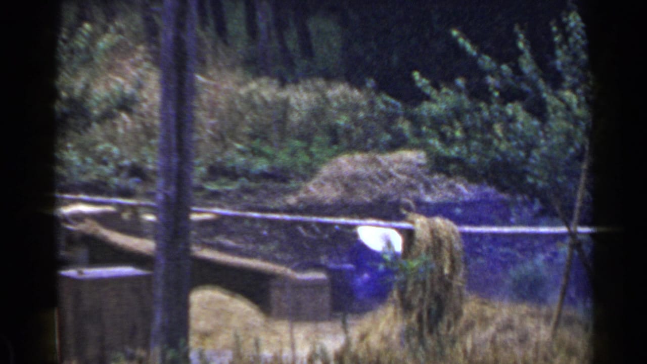 Workers near hay or grain piles and wooden posts in a rural outdoor setting.