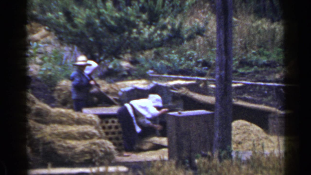Two adults near hay stacks and wooden structures in a rural outdoor setting.