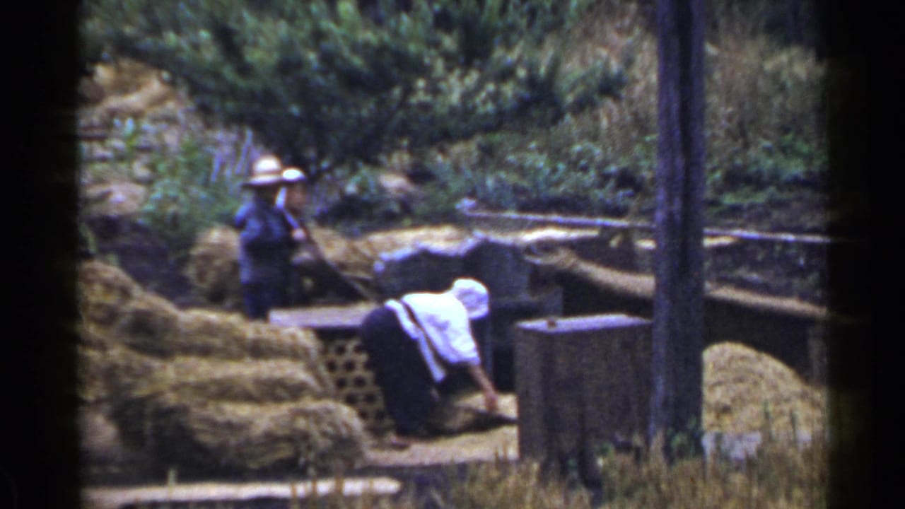 Adult in a white head covering bends near a wooden structure while another stands behind.