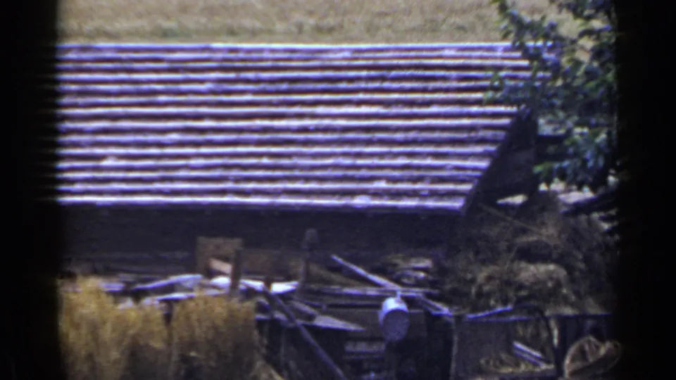 1953 Japan home-movie view of hay, a wooden rural building, and a partially visible person near the bottom edge.