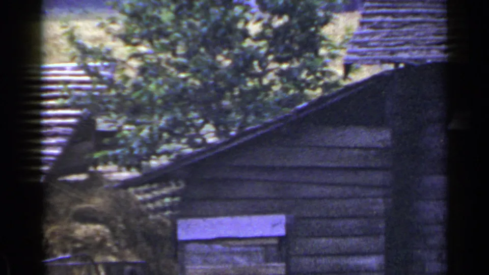 1953 Japan 8mm frame showing a weathered wooden exterior with clapboard siding, a sloped roof, trees, and dark gate-edge shadows.