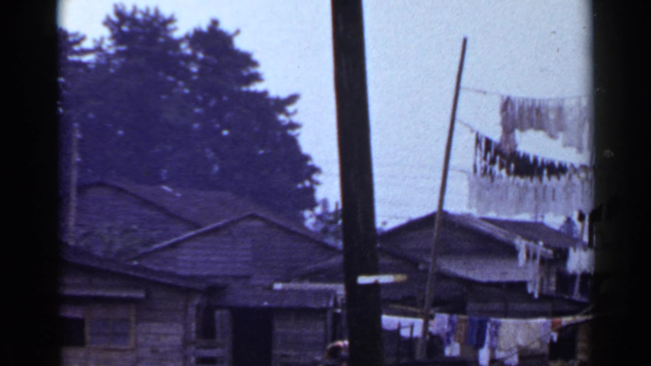 Laundry hanging on lines above rooftops in a residential neighborhood.