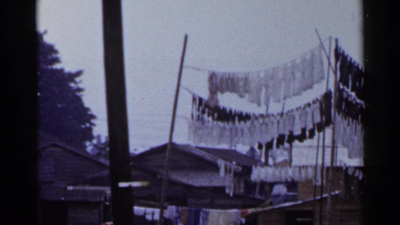 1953 Japan residential view with laundry rows suspended between poles over modest house roofs.