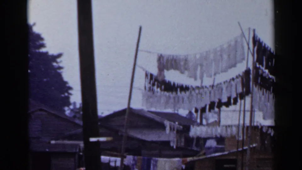 1953 Japan residential view with laundry rows suspended between poles over modest house roofs.