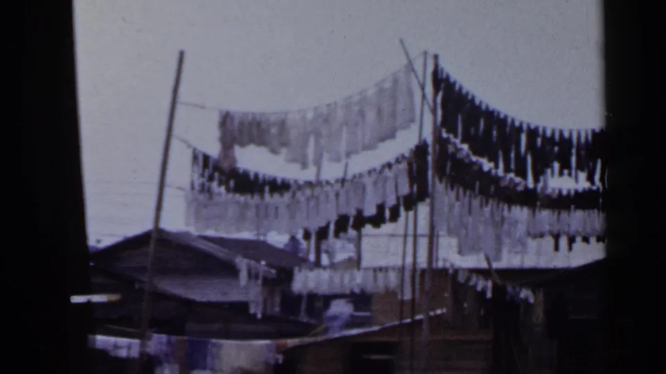 1953 Japan home-movie still showing multiple rows of drying clothes above neighboring residential roofs.