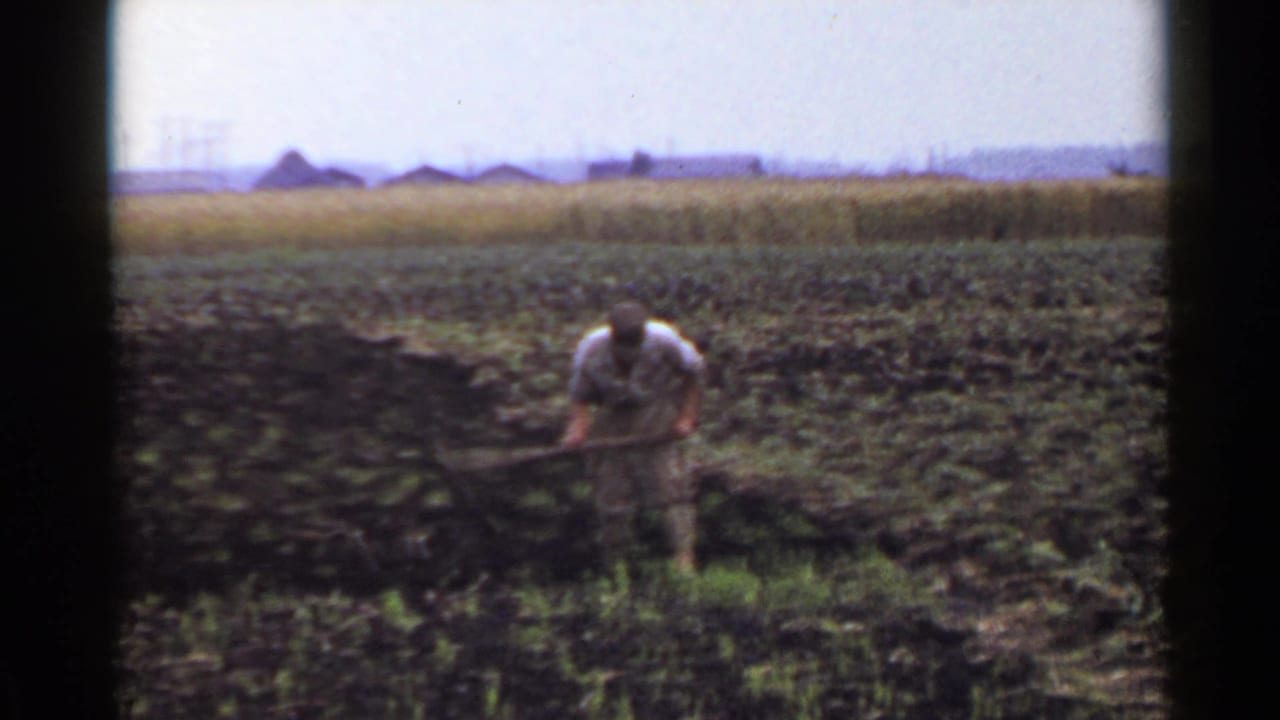 The 1953 Japan home-movie frame shows a farmer pulling a hoe through dark rows, with open farmland and low structures in the background.