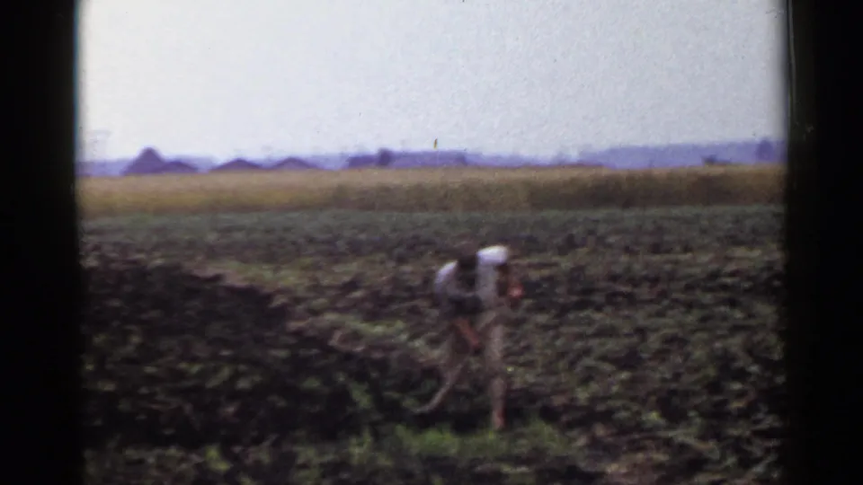 The final frame shows the farmer still working the soil with a hoe in a Japanese rural field, with muted 8mm color and distant low buildings.