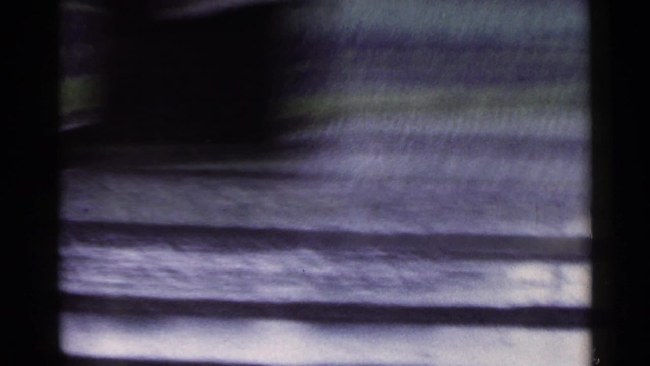 1953 Japan countryside frame with blurred field edges, pale ground bands, and a dark vertical obstruction near the center.