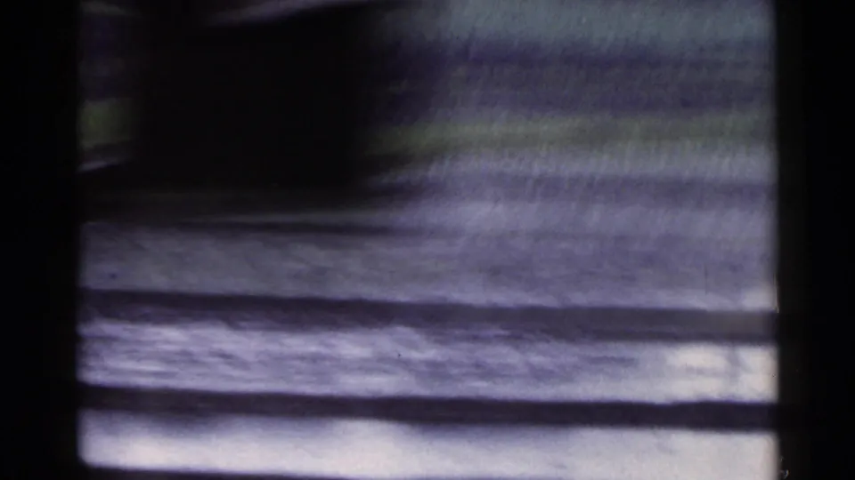 1953 Japan countryside frame with blurred field edges, pale ground bands, and a dark vertical obstruction near the center.