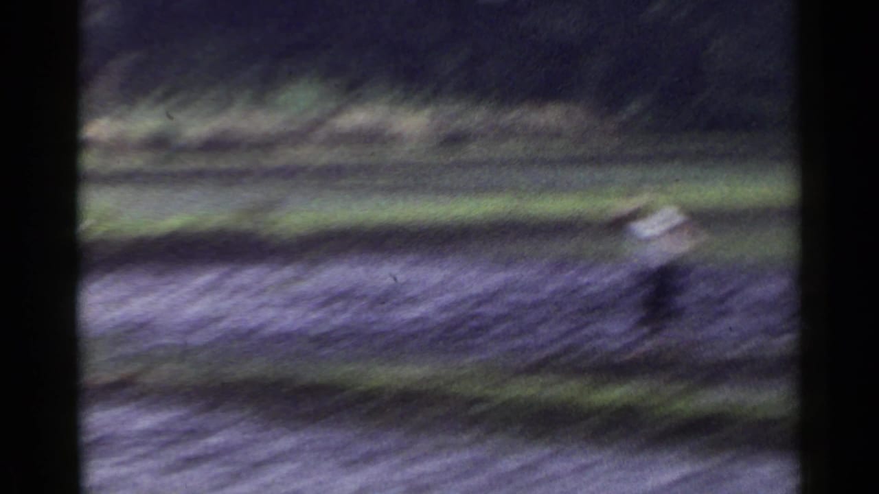 Distant worker standing among flooded terraced rice fields.