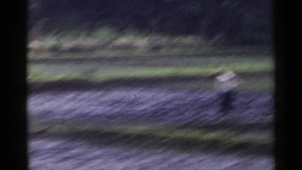1953 Japan 8mm frame showing a distant farmer in a light shirt near flooded rice paddies and green field bands.