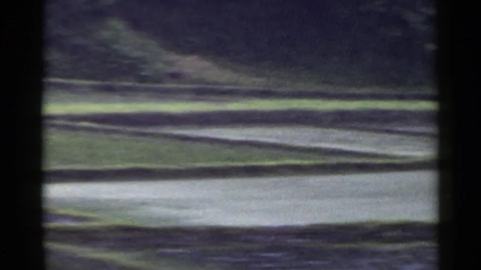 Soft 8mm view of terraced rice paddies in Japan, with flooded field surfaces and blurred vegetation.