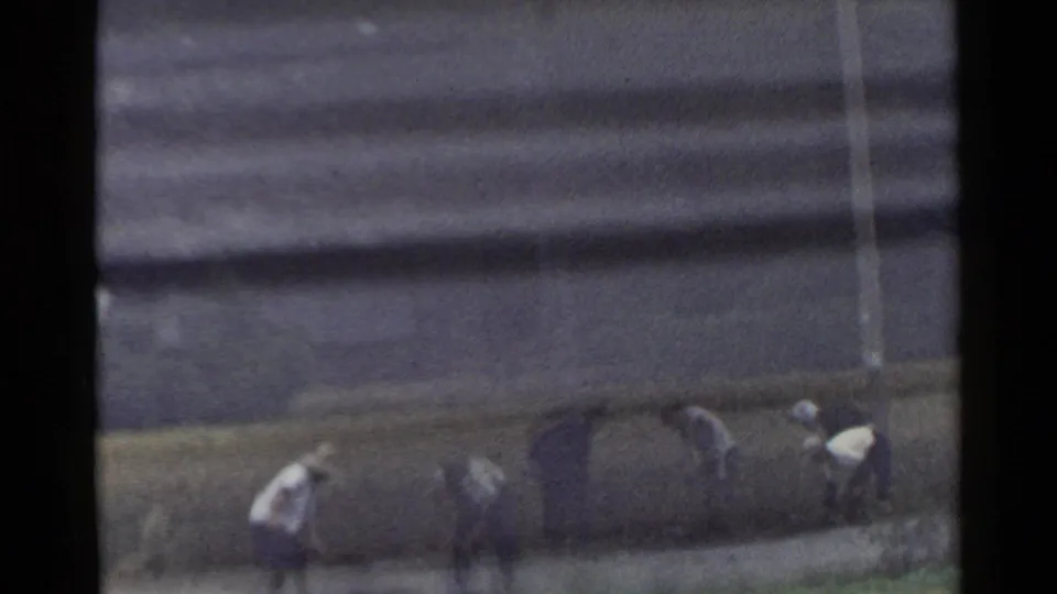 1953 Japan rural frame showing several people working or bending in a field near a low building or wall, filmed from a distance.