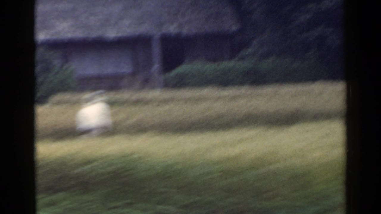 1953 Japan 8mm frame showing a blurred green field and low rural structure seen from a moving viewpoint.