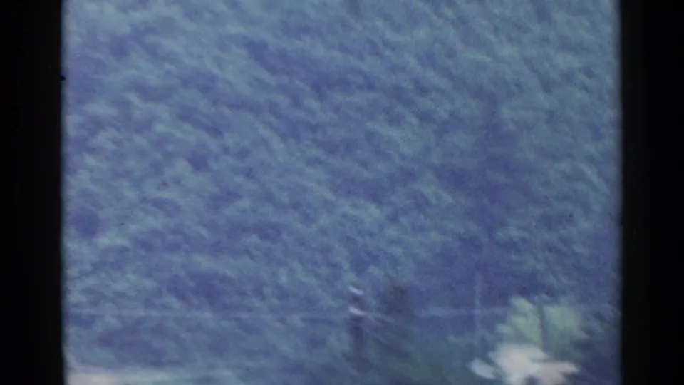 1953 Japan 8mm frame showing blurred green hillside and roadside vegetation from a moving vehicle, partly blocked by a dark frame edge.