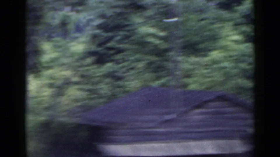 1953 Japan 8mm frame showing fast-moving green vegetation and a fleeting dark wooden structure near the lower edge.