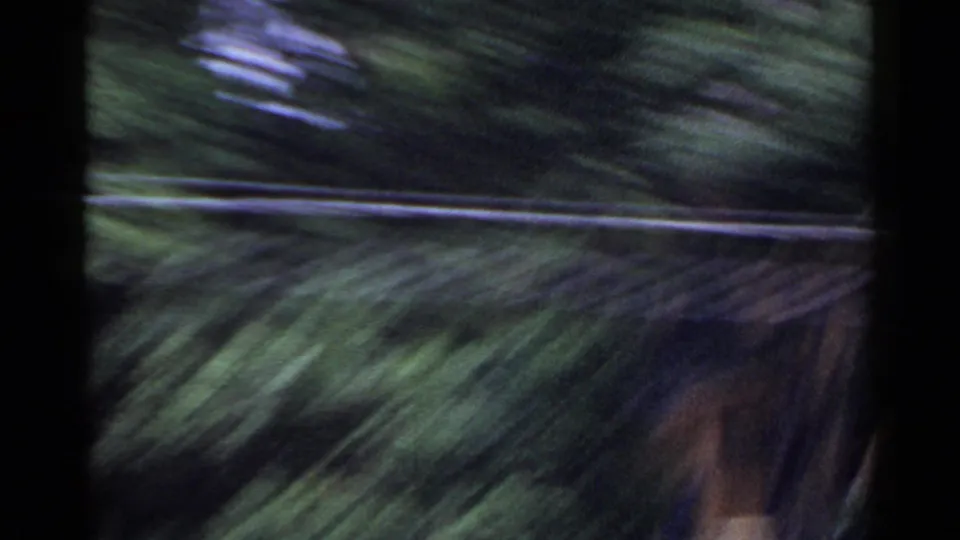 1953 Japan 8mm frame of blurred roadside greenery, a pale horizontal line, and dark gate edges from a moving vehicle perspective.