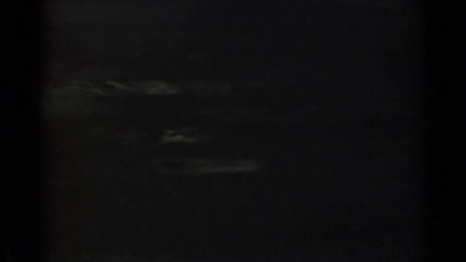 Underexposed 1953 8mm frame from Japan with indistinct trees or foliage barely visible in the dark image area.