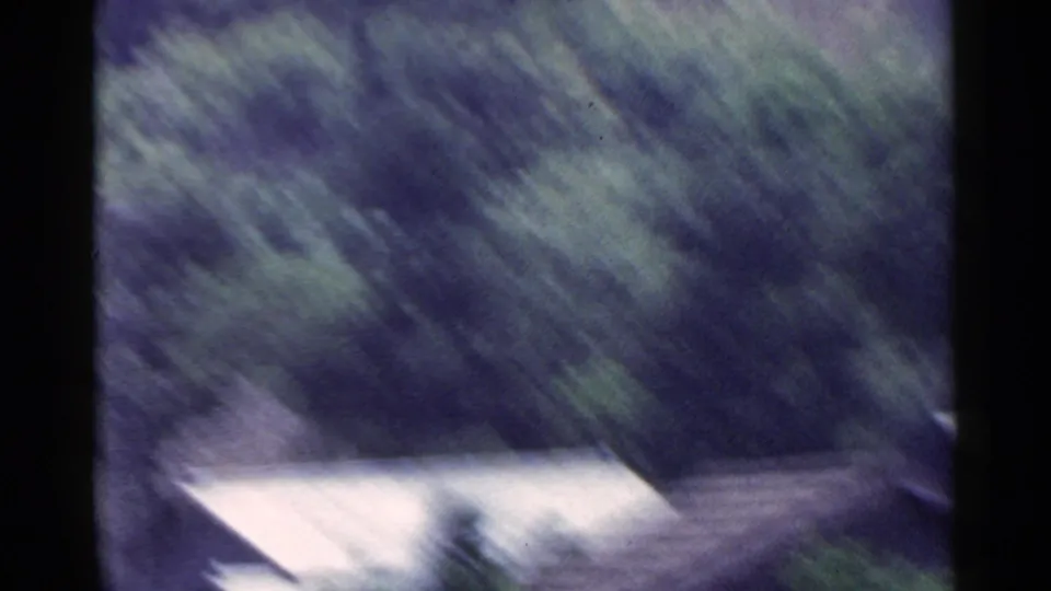 Shaky 1953 Japan 8mm view of blurred green trees with a pale roofline or wall partly visible near the lower frame.
