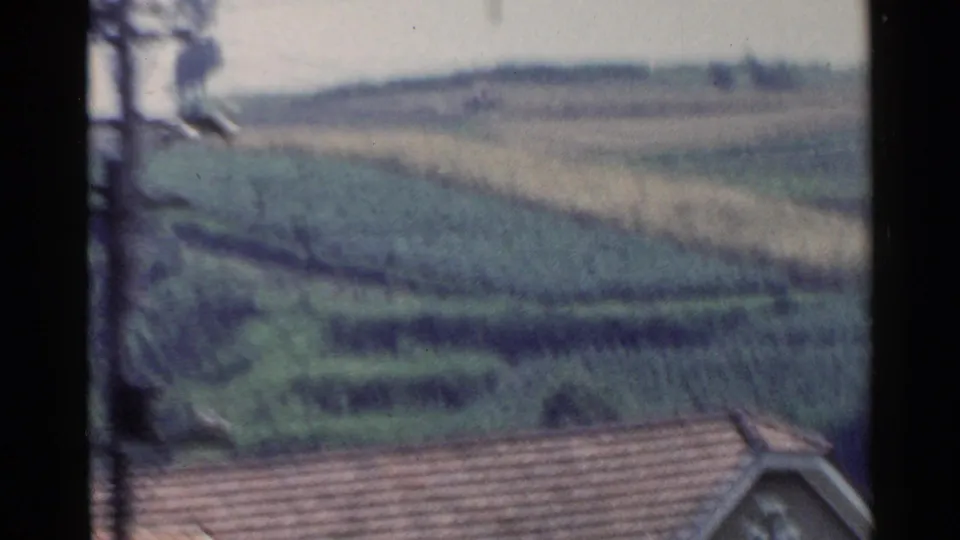 1953 8mm rural Japan view with terraced fields, distant hills, vegetation and part of a tiled roof in the foreground.