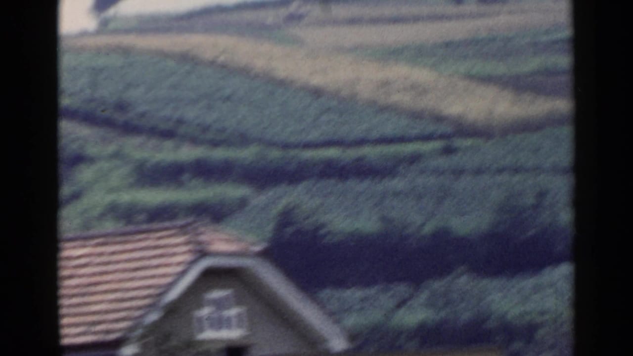 1953 Japan home-movie frame showing rolling farmland and the edge of a tiled-roof house from a moving viewpoint.