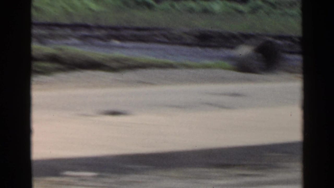 Blurred 1953 Japan home-movie frame looking past a roadside area, greenery, and dark film-edge obstruction from a moving viewpoint.