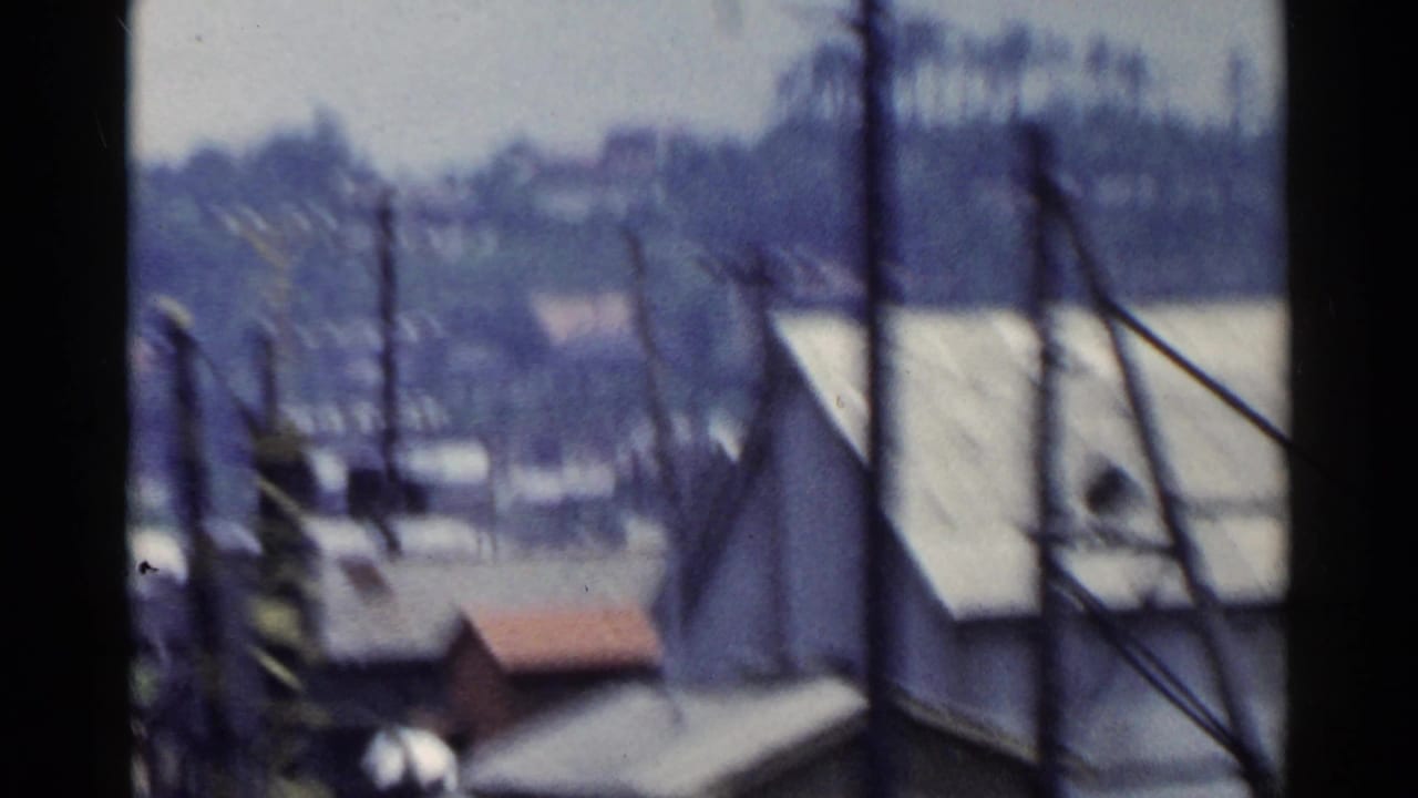 Soft view of rooftops, bare trees, utility lines, and distant structures seen through dark vehicle framing.