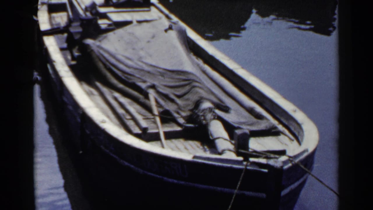 Small wooden boat moored in calm water with a dark tarp over much of its deck.
