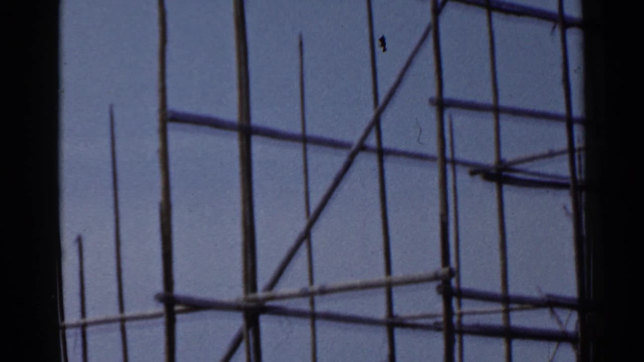 Scaffolding poles and cross braces silhouetted against a pale blue sky.