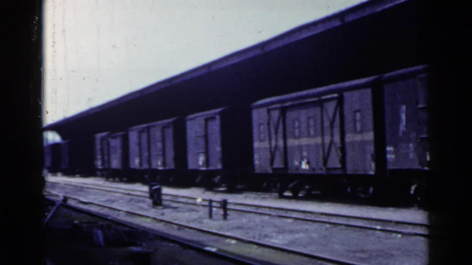 1953 Japan 8mm frame showing a line of dark freight wagons paused under a station canopy beside parallel tracks.