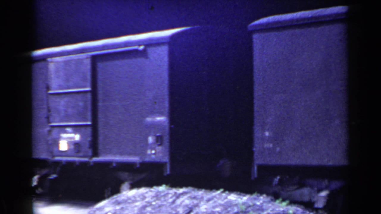 Dark freight car beside trackside gravel under purplish night lighting.