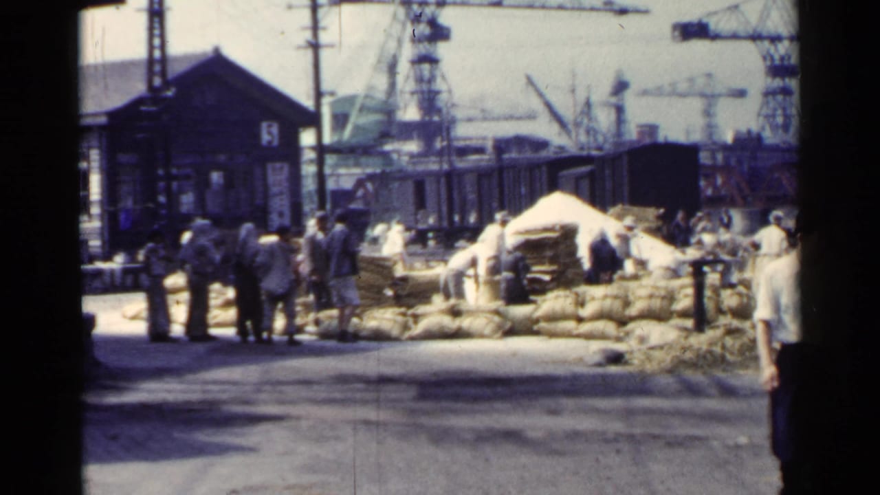 Workers gather near cargo sacks beside freight cars with shipyard cranes in the background.