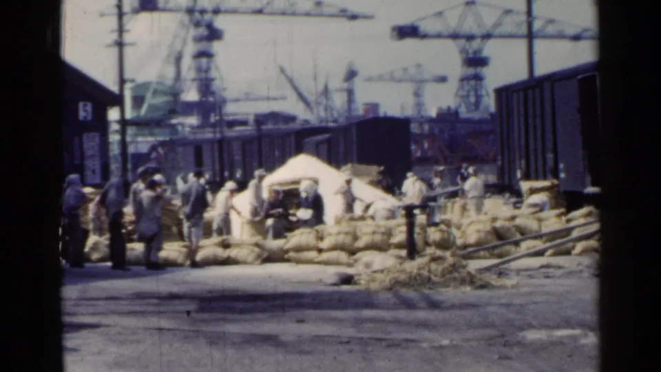 1953 Japan port labor scene showing workers handling sacks beside a freight car, with cranes and dock equipment beyond.