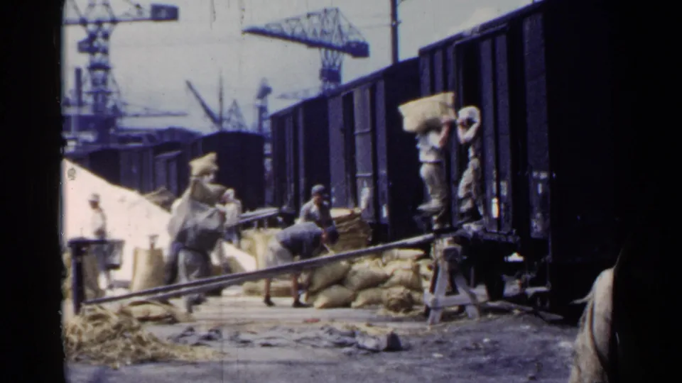 A worker balances a sack on his head near open freight cars in a 1953 Japan port loading scene.